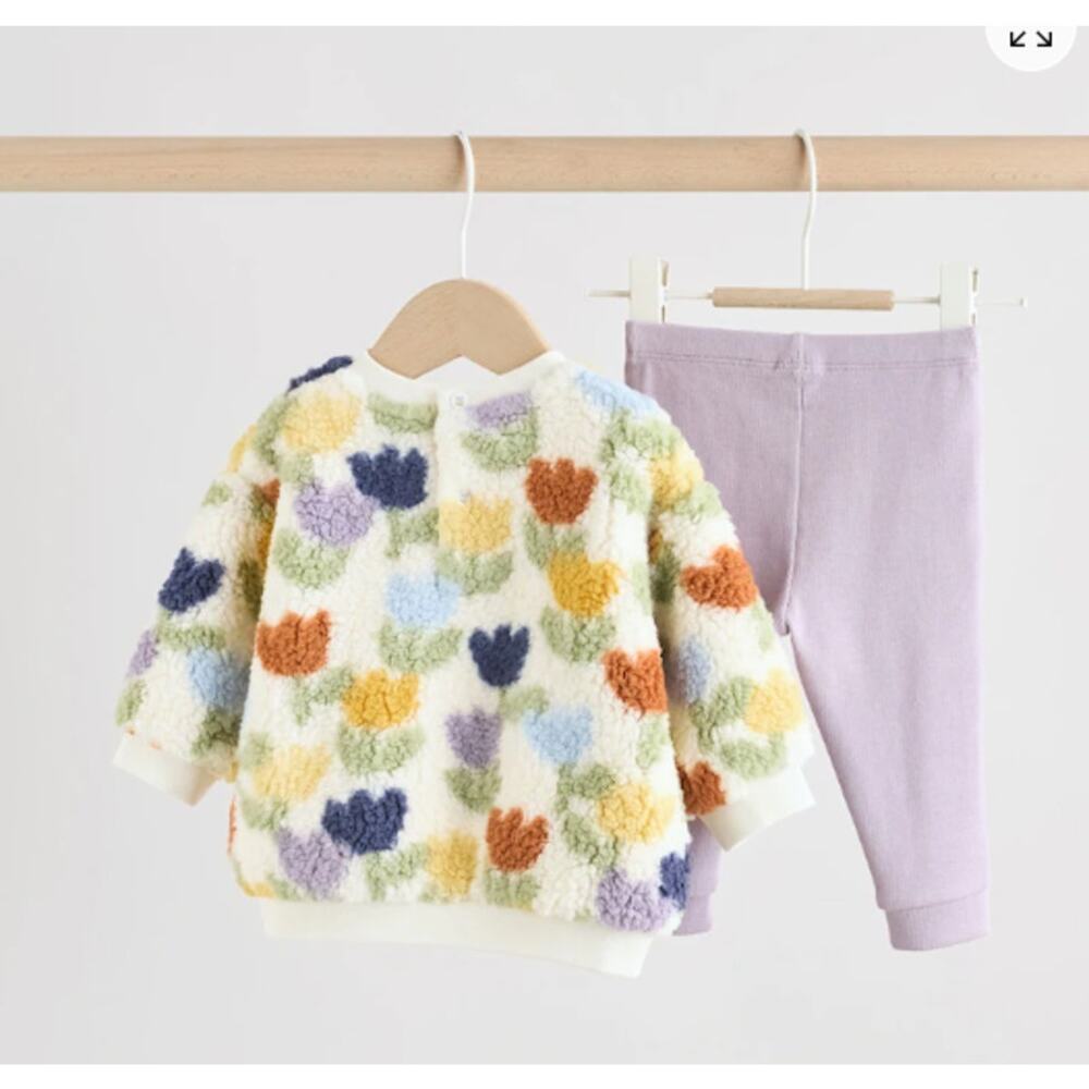 Next Baby Cream/Purple Tulip Baby Fleece Top and Leggings Set 2 Piece - Picture 2 of 5